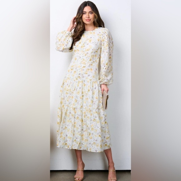Just Me Dresses & Skirts - JUST ME LONG SLEEVE BUTTON UP TIERED EYELET FLORAL MIDI DRESS M